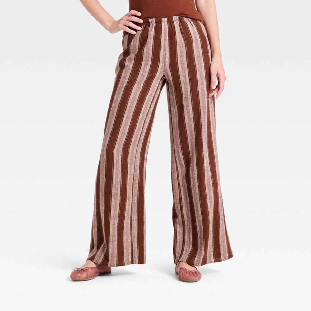 Women's Essential Linen Pull-On Pants - A New Day Brown Striped S